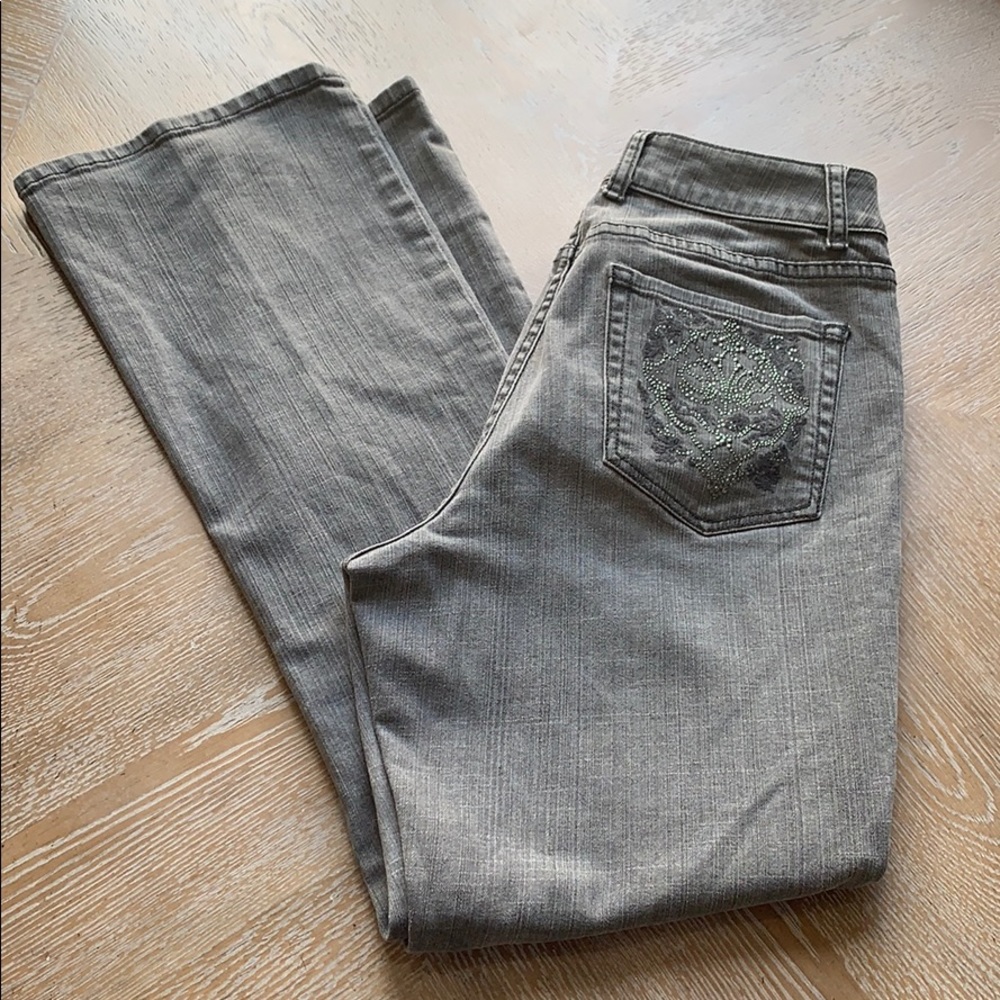 CHICO’S Platinum Grey Denim Embellished Jeans 8